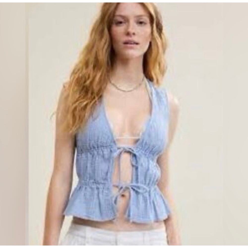 Aerie Baby Blue Tie-Front Gauze Smocked Vest, XS